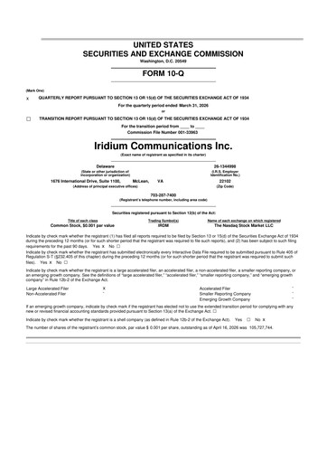 Thumbnail Iridium Communications 10-Q Quarterly Report FY 