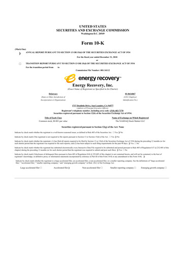 Thumbnail Energy Recovery
 10-K Annual Report 2018