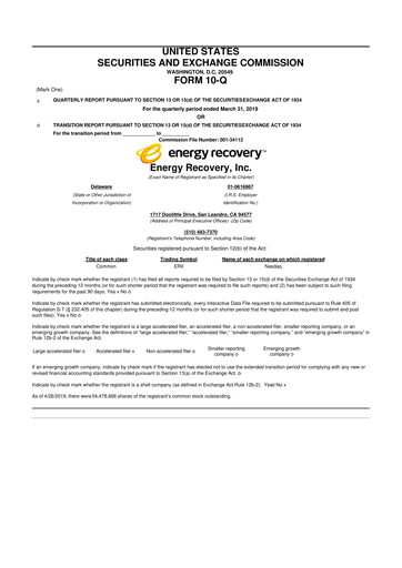 Thumbnail Energy Recovery
 10-Q Quarterly Report FY2019 
