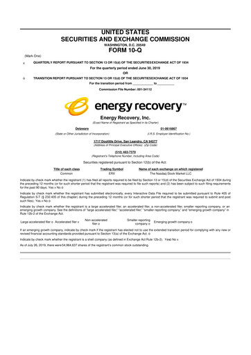Thumbnail Energy Recovery
 10-Q Quarterly Report FY2019 