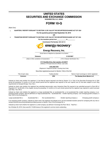 Thumbnail Energy Recovery
 10-Q Quarterly Report FY2019 