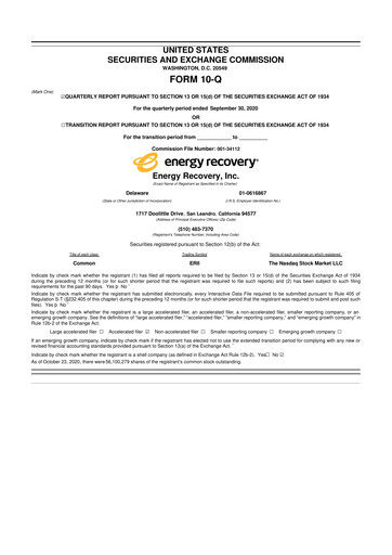 Thumbnail Energy Recovery
 10-Q Quarterly Report FY2020 