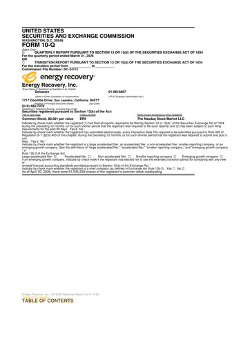 Thumbnail Energy Recovery
 10-Q Quarterly Report FY 