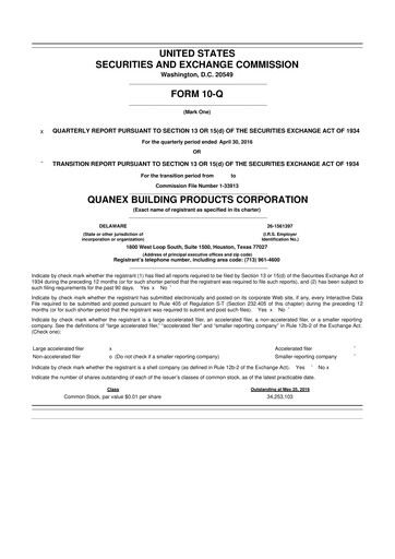 Miniature Quanex Building Products 10-Q Rapport trimestriel 2016 