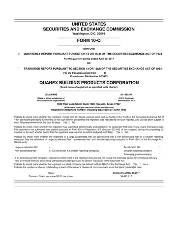 Miniature Quanex Building Products 10-Q Rapport trimestriel 2017 