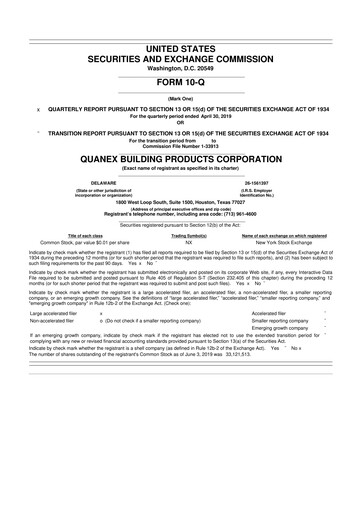 Miniature Quanex Building Products 10-Q Rapport trimestriel 2019 