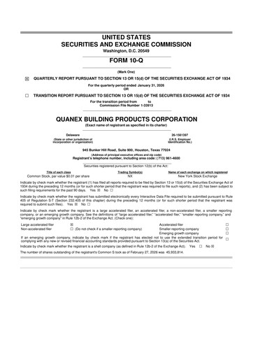 Miniature Quanex Building Products 10-Q Rapport trimestriel 2026 