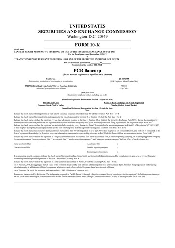 Thumbnail PCB Bancorp 10-K Annual Report 2019