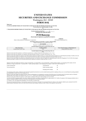 Thumbnail PCB Bancorp 10-K Annual Report 2020