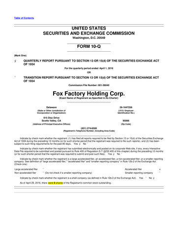Miniature Fox Factory Holding 10-Q Rapport trimestriel  