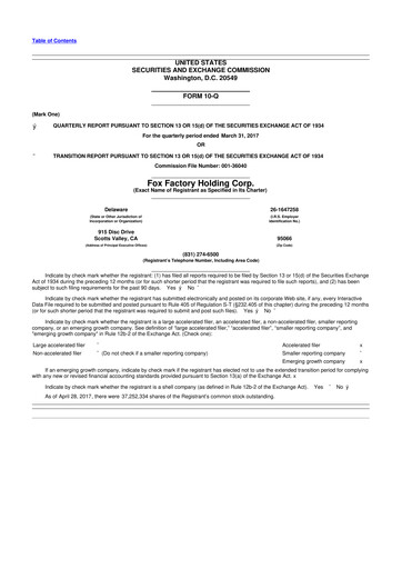 Miniature Fox Factory Holding 10-Q Rapport trimestriel  