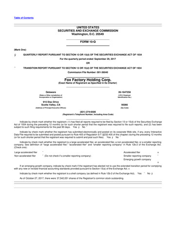 Miniature Fox Factory Holding 10-Q Rapport trimestriel  