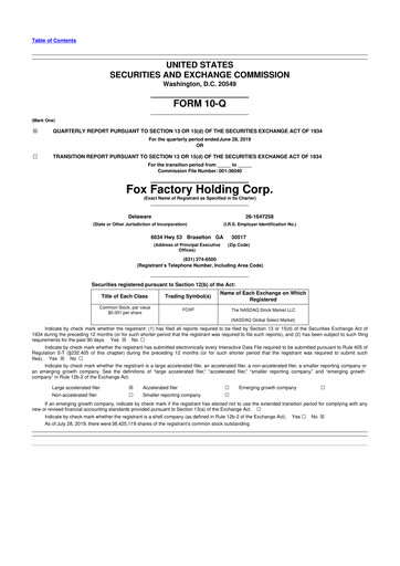 Miniature Fox Factory Holding 10-Q Rapport trimestriel  