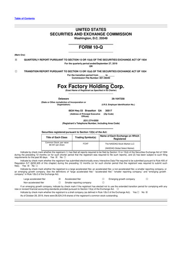 Miniature Fox Factory Holding 10-Q Rapport trimestriel  