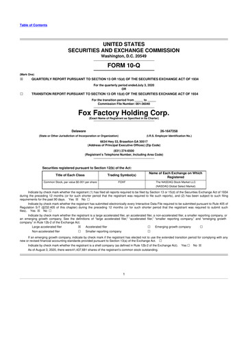 Miniature Fox Factory Holding 10-Q Rapport trimestriel  