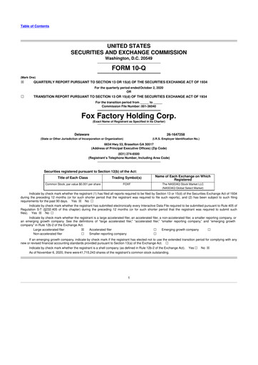 Miniature Fox Factory Holding 10-Q Rapport trimestriel  