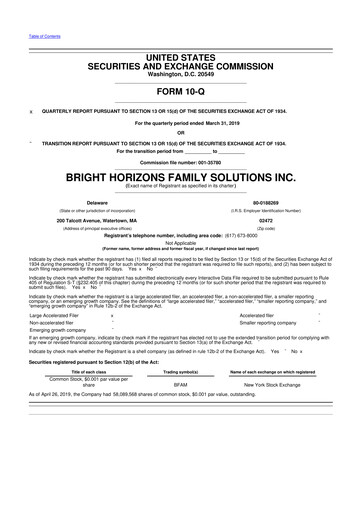 Miniature Bright Horizons 10-Q Rapport trimestriel 2019 