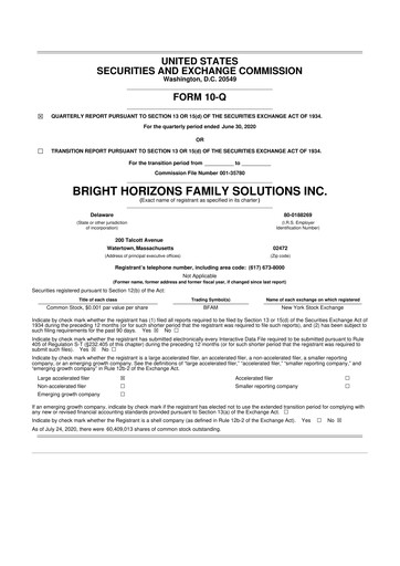 Miniature Bright Horizons 10-Q Rapport trimestriel 2020 