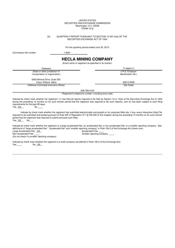 Thumbnail Hecla Mining
 10-Q Quarterly Report FY2010 