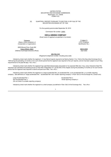 Thumbnail Hecla Mining
 10-Q Quarterly Report FY2010 