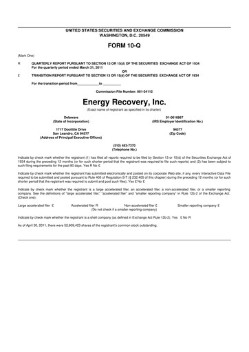 Thumbnail Energy Recovery
 10-Q Quarterly Report FY 