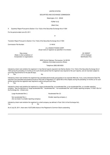 Thumbnail J&J Snack Foods
 10-Q Quarterly Report FY2011 