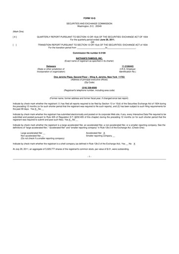 Miniature Nathan's Famous 10-Q Rapport trimestriel 2012 