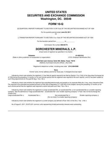Miniature Dorchester Minerals 10-Q Rapport trimestriel 2011 