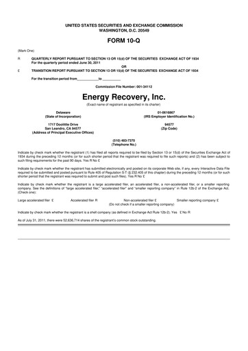 Thumbnail Energy Recovery
 10-Q Quarterly Report FY2011 