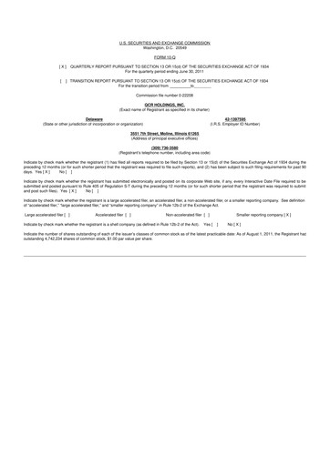 Miniature QCR Holdings
 10-Q Rapport trimestriel 2011 