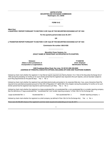 Thumbnail Monolithic Power Systems 10-Q Quarterly Report FY2011 