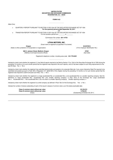 Thumbnail Lithia Motors 10-Q Quarterly Report FY2011 
