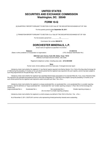 Miniature Dorchester Minerals 10-Q Rapport trimestriel 2011 