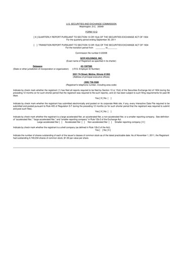 Miniature QCR Holdings
 10-Q Rapport trimestriel 2011 