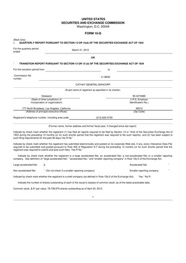 Thumbnail Cathay General Bancorp 10-Q Quarterly Report FY 