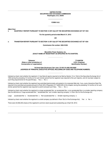 Thumbnail Monolithic Power Systems 10-Q Quarterly Report FY2012 