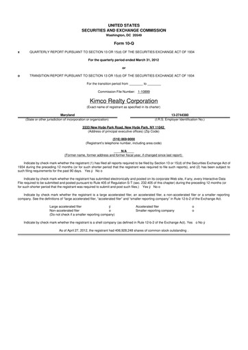 Thumbnail Kimco Realty
 10-Q Quarterly Report FY2012 