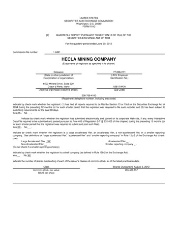 Thumbnail Hecla Mining
 10-Q Quarterly Report FY2012 