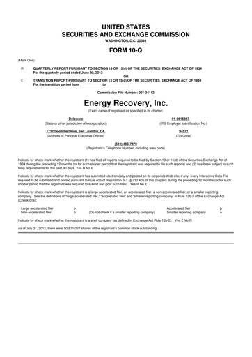 Thumbnail Energy Recovery
 10-Q Quarterly Report FY2012 