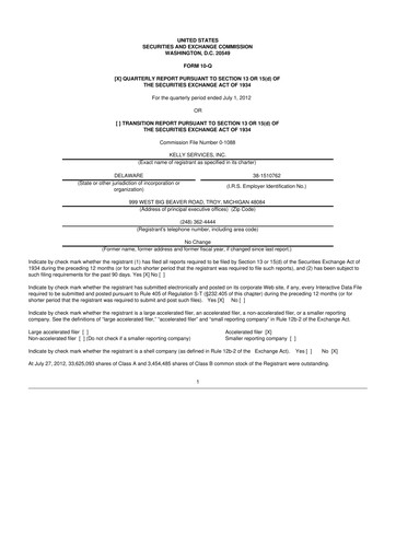 Miniature Kelly Services
 10-Q Rapport trimestriel 2012 