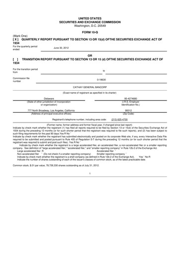 Thumbnail Cathay General Bancorp 10-Q Quarterly Report FY 