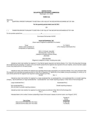 Thumbnail Rush Enterprises
 10-Q Quarterly Report FY2012 