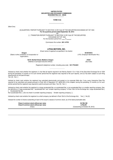 Thumbnail Lithia Motors 10-Q Quarterly Report FY2012 