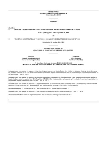 Thumbnail Monolithic Power Systems 10-Q Quarterly Report FY2012 