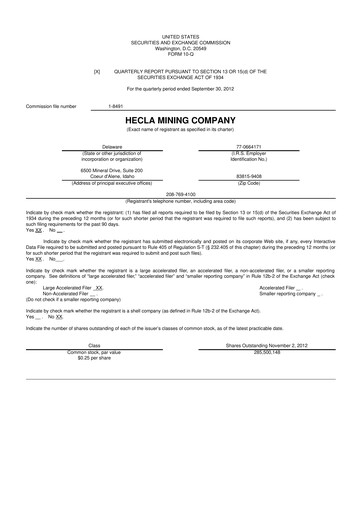 Thumbnail Hecla Mining
 10-Q Quarterly Report FY2012 