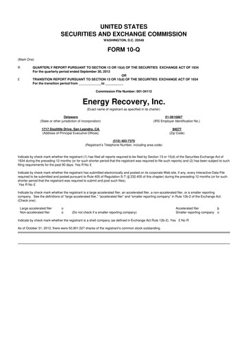 Thumbnail Energy Recovery
 10-Q Quarterly Report FY2012 