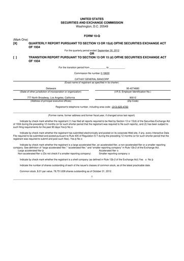 Thumbnail Cathay General Bancorp 10-Q Quarterly Report FY 