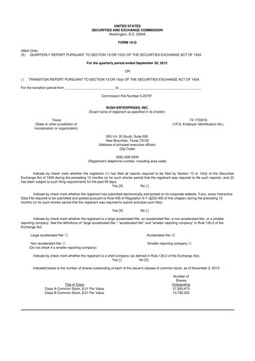 Thumbnail Rush Enterprises
 10-Q Quarterly Report FY2012 