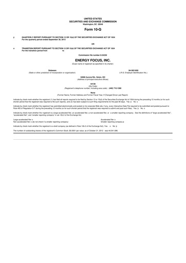 Miniature Energy Focus 10-Q Rapport trimestriel 2012 