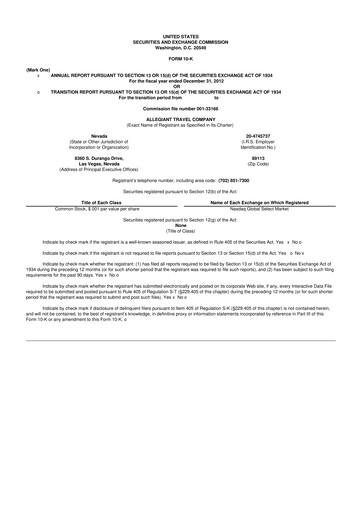 Miniature Allegiant Travel Company 10-K Rapport annuel 2012